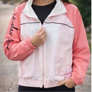 Under Armour Womens Pink White Colorblock Full Zip Windbreaker Jacket XS Loose